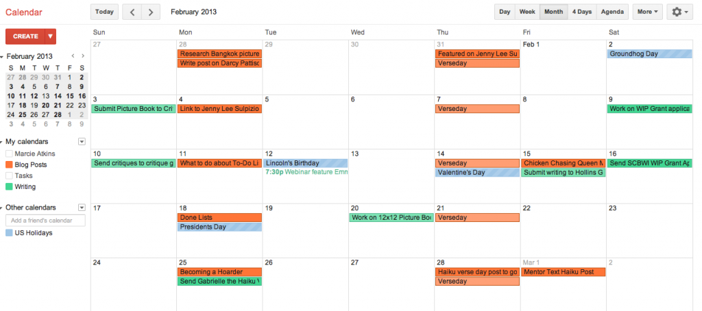 My Google calendar minus the personal stuff. I didn't think you wanted to see my appointments. 