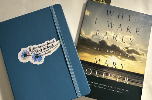 Picture of a blue notebook with a Mary Oliver quote that says, "The flowers were dressed in nothing but light." The notebook is next to a copy of the Mary Oliver poetry collection, WHY I WAKE EARLY.